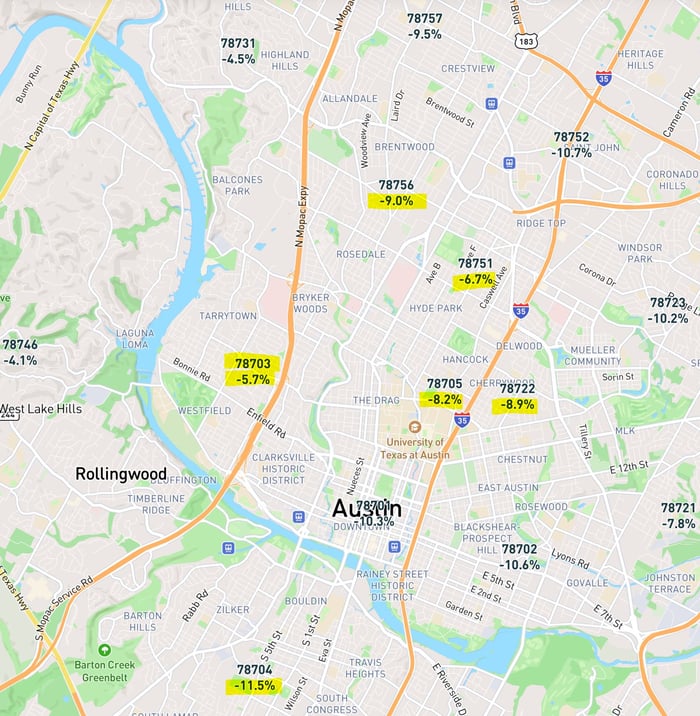 Neighborhoods near Downtown Austin home value declines YOY