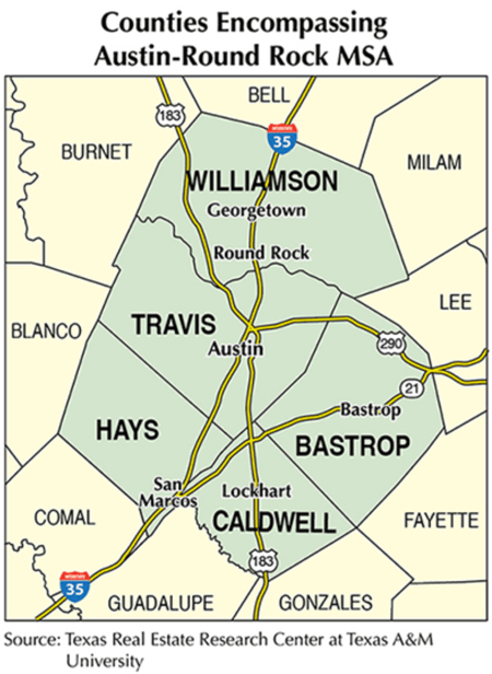 Counties encompassing Austin-Round Rock MSA map
